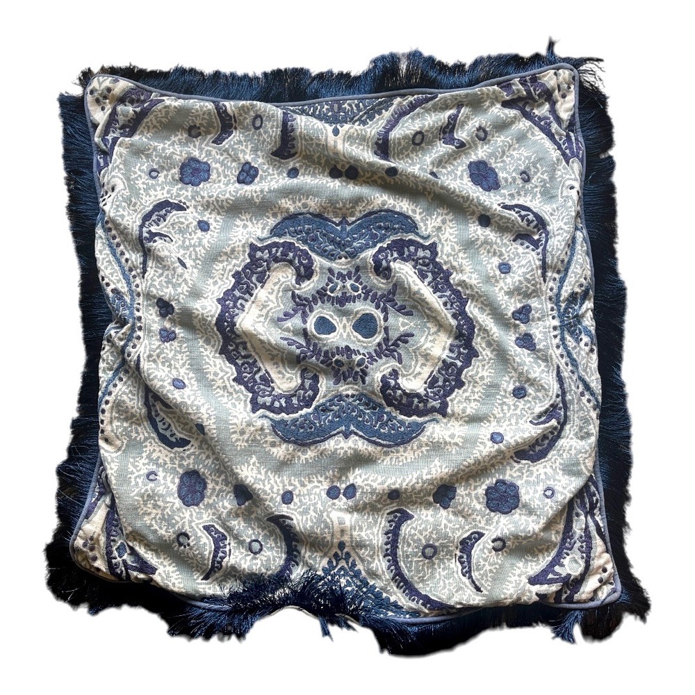 Kim Seybert Blue White Large Euro Sham Pillow Cover Embroidered Fringed‎